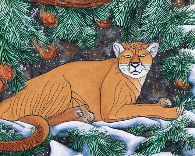 Image similar to unfinished colouring book showing 'a cougar sleeping in the middle of snowy pine tree' laying on coffee table, zoomed out shot, HD,