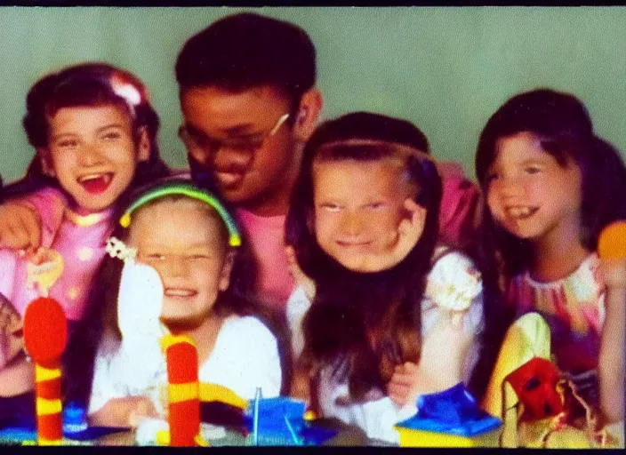 Prompt: Home video footage, Color VHS picture quality with mixed noise, Filmed by dad. Daughter's birthday party.