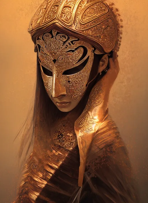 Image similar to a beautiful detailed oil on copper art illustration of a japanese shityome mask woman, the mask is broken, centered, by charlie bowater, zeng fanzh, trending on artstation, dim dusk lighting, cinematic lighting, detailed lighting, volumetric lighting, realistic, f 8, 4 k hd wallpaper