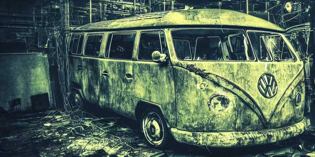 Image similar to close up of a vw campervan in an old industrial vw factory, a ghostly figure is walking between the broken cars, everything is rusted and broken and covered in moss, night time low light, spooky and scary atmosphere, artstation,