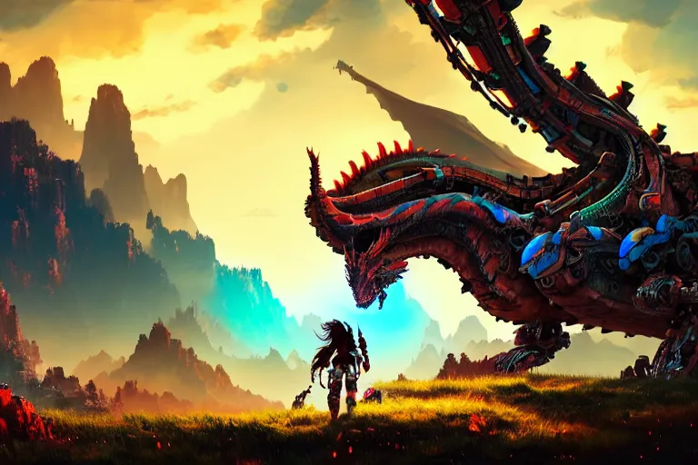 Image similar to dragon machine mecanical creature robot of horizon forbidden west horizon zero dawn bioluminiscence global illumination ray tracing hdr fanart arstation by ian pesty and alena aenami artworks in 4 k