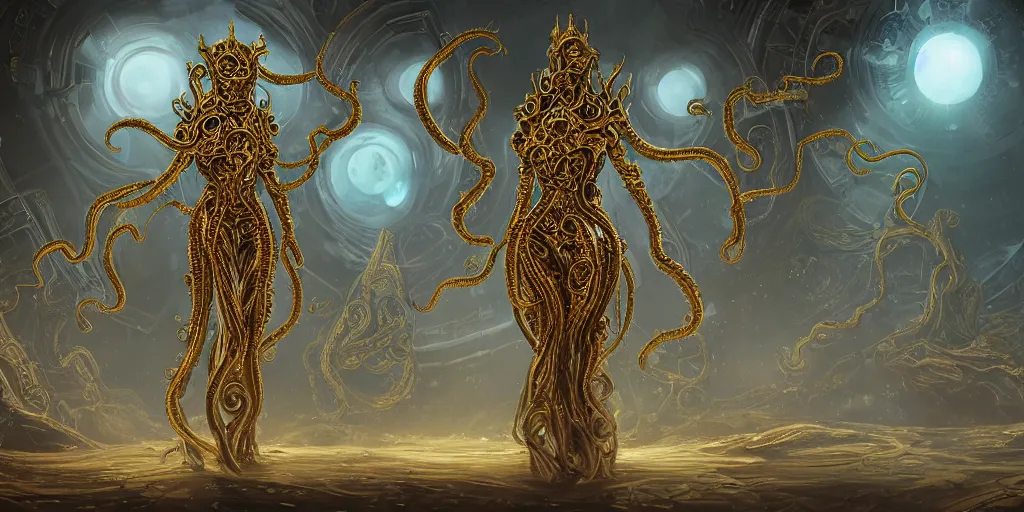 Image similar to corrupted lovecraftian golden humanoid queen standing next to a spaceship window overlooking earth, 8 intricate white and gold tentacles, ornate white and gold armour, fantasy, cinematic lighting, highly detailed, digital painting, artstation, concept art, smooth, sharp focus, illustration, warm light, cozy warm tint, magic the gathering artwork, volumetric lighting, 8k, no gold, no gold colours, art by Akihiko Yoshida, Greg Rutkowski