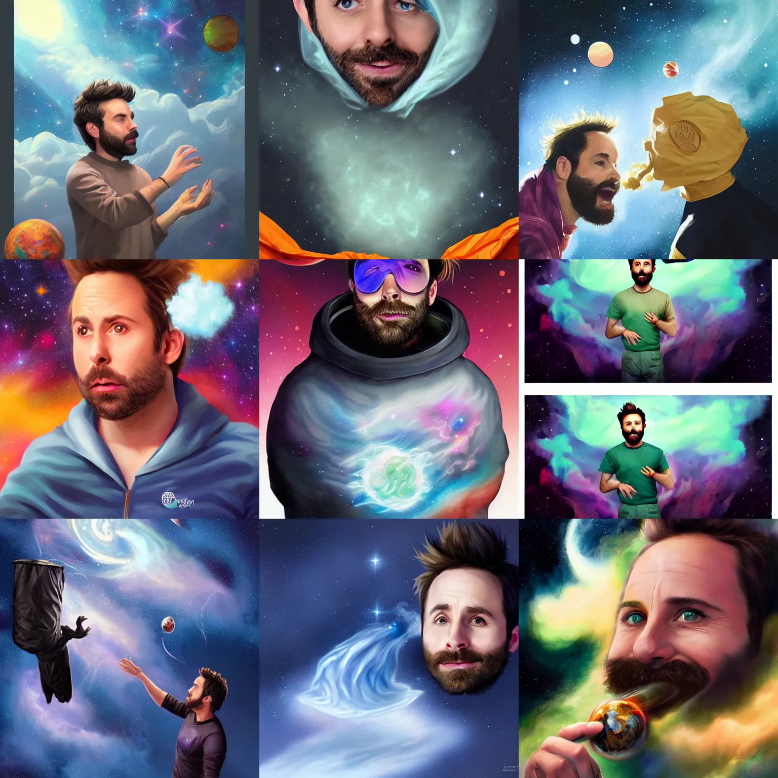 Prompt: a beautiful cosmic matte painting of charlie day huffing magic vapors from a trash bag in outer space by artgerm, trending on artstation