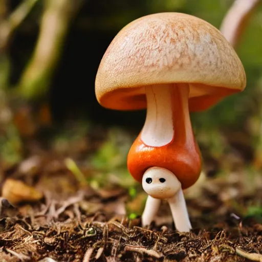 Prompt: smiling anthropomorphic mushroom figurine, macro photo