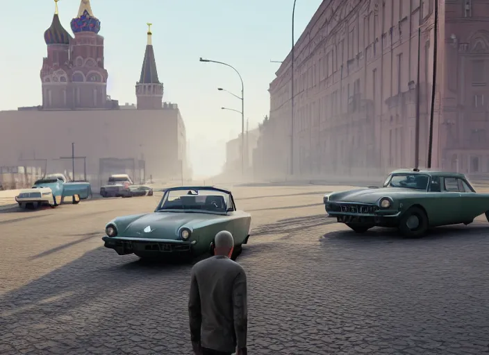 Prompt: hyperrealistic matte painting of gta game in moscow, 1 9 6 0, playstation 5 screenshot, man in adidas, mega details, golden hour, fog beautiful rtx reflections, soviet suburbs, photorealistic, unreal engine 5, octane render, volumetric light, featured on cg society, 4 k, 5 0 mm bokeh, russian lada car, artstation