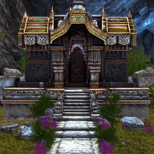 Prompt: a crystalline ancient Indian temple made from soul stones, ornate, beautiful in the style of skyrim by Bethesda Game studios