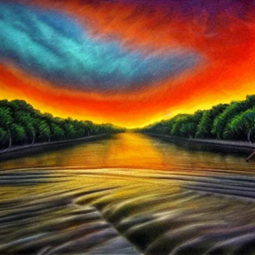 Image similar to a river runs here, a fiery river, from east to west, from west to north. over that river the fiery river drives the light. light transports souls. award - winning, very trending, esoteric art, 2 k, 4 k, pen and pencil