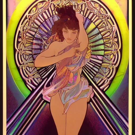 Image similar to incredible digitized fractalizing infinity girl of innocence and macabre intent eyes glowing iridescent volumetric neon by alphonse mucha yoji shinkawa biomorphic trompe l'oeil