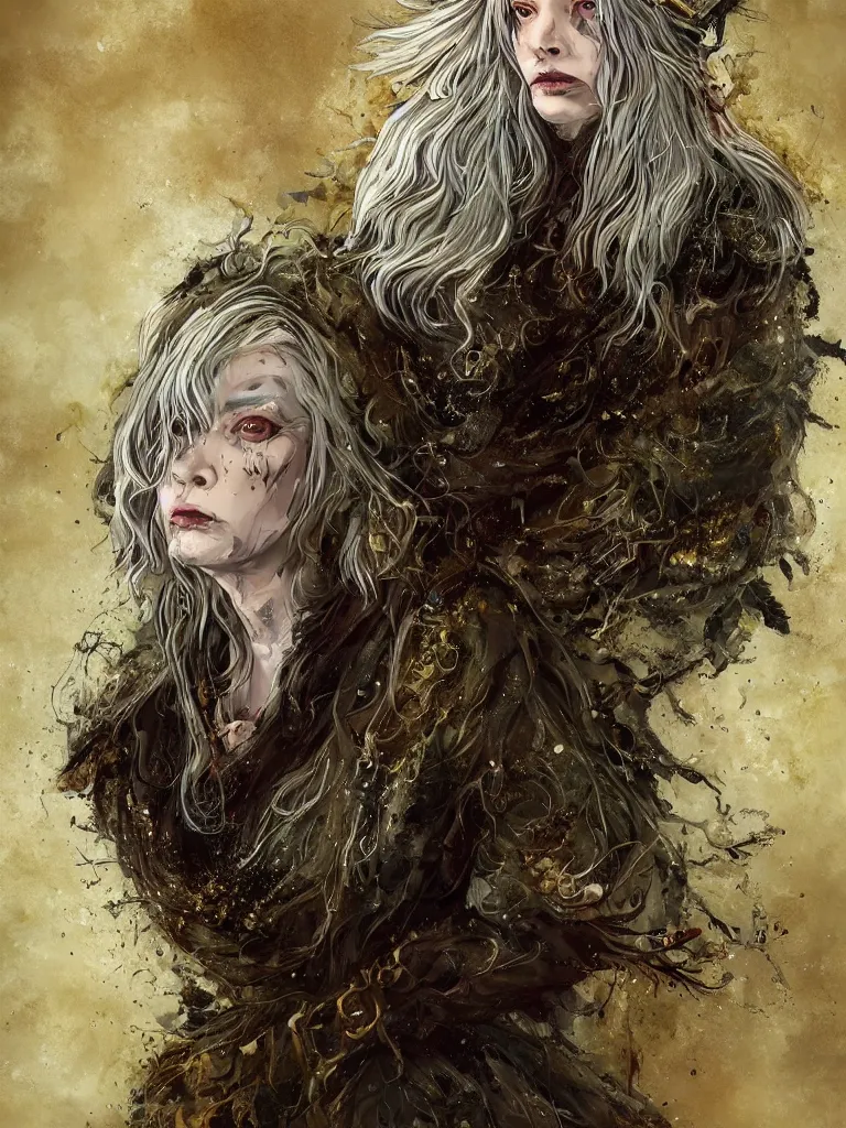 Image similar to splatterpunk portrait of an old witch with cream coloured hair wearing a heavy dark feathered and fur lined cloak in a cloistered woodland, James Gleeson inspired, golden accents, face, fantasy, intricate, highly detailed, digital painting, artstation, concept art, smooth, sharp focus, illustration, art by Wei Fan and Fernanda Suarez and Artem Demura and alphonse mucha