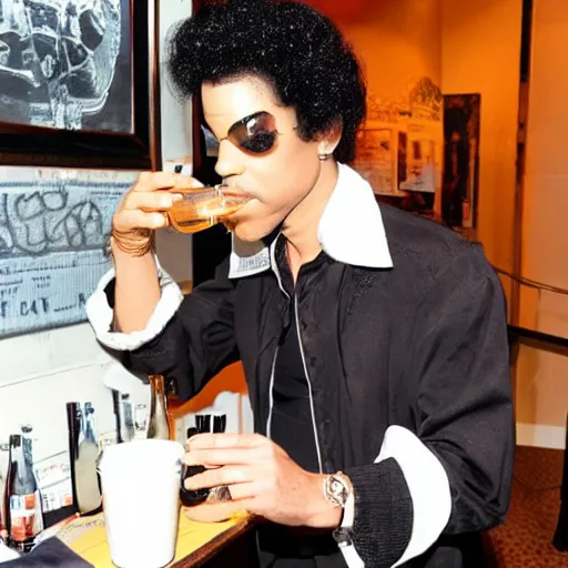 Image similar to photo of Prince drinking a 40 outside the 5 and dime