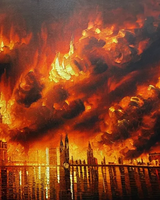 Image similar to oil painting landscape great fire of london, high production value, intricate details, high resolution, hdr, high definition, masterpiece, realistic, ultrarealistic, highly detailed, hd, sharp focus, non blurry, sharp, smooth