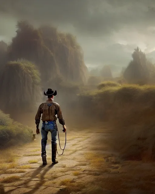 Prompt: a highly detailed matte painting of a cowboy walking his ranch, in the style of greg rutkowski and remedios varo, ultra realistic, detailed, intricate, full of color, 4 k, hyperrealistic, focused, extreme details, masterpiece