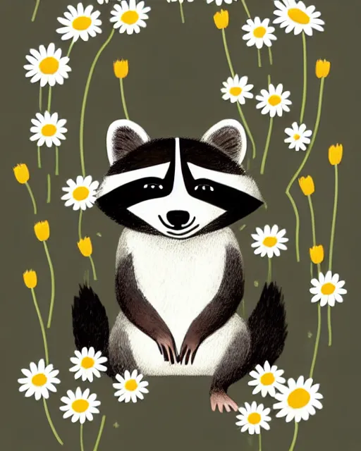 Prompt: a minimalist storybook illustration of a smiling happy cute raccoon wearing a flower crown of daisies and poppies, by antoine de saint - exupery and annabel kidston and naomi okubo and jean - baptiste monge. a child storybook illustration, muted colors, soft colors, low saturation, fine lines, white paper