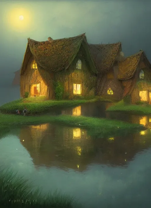 Image similar to painting of a house by a lake at night, a storybook illustration by gediminas pranckevicius, featured on artstation, fantasy art, storybook illustration, artstation hq, atmospheric