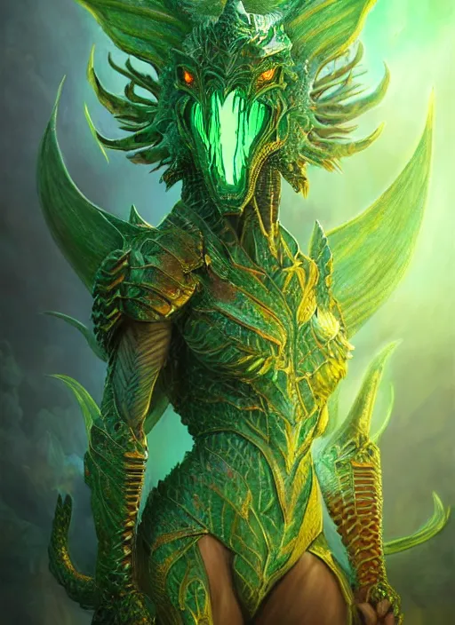 Prompt: muscular and tall green ghostly fire humanoid dragon!!!! draconian!! intricate ornate iridescent heavy armor!! character concept art, sharp focus, octane render! unreal engine 5! highly rendered!! trending on artstation!! detailed linework!! illustration by artgerm, wlop, and chie yoshii