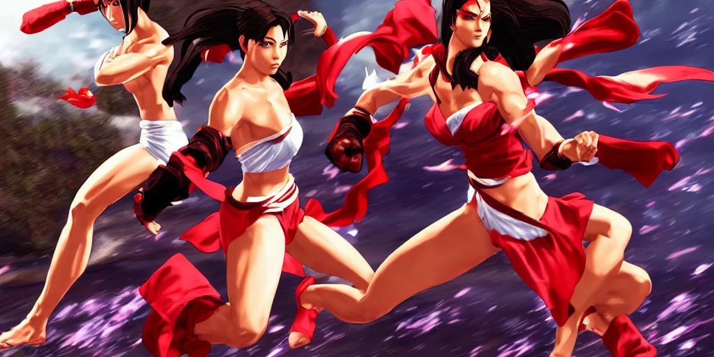 Prompt: Obama fighting solo against Mai Shiranui in King of the fighters XV, 1V1. HR Gameplay of PlayStation5, digital art.