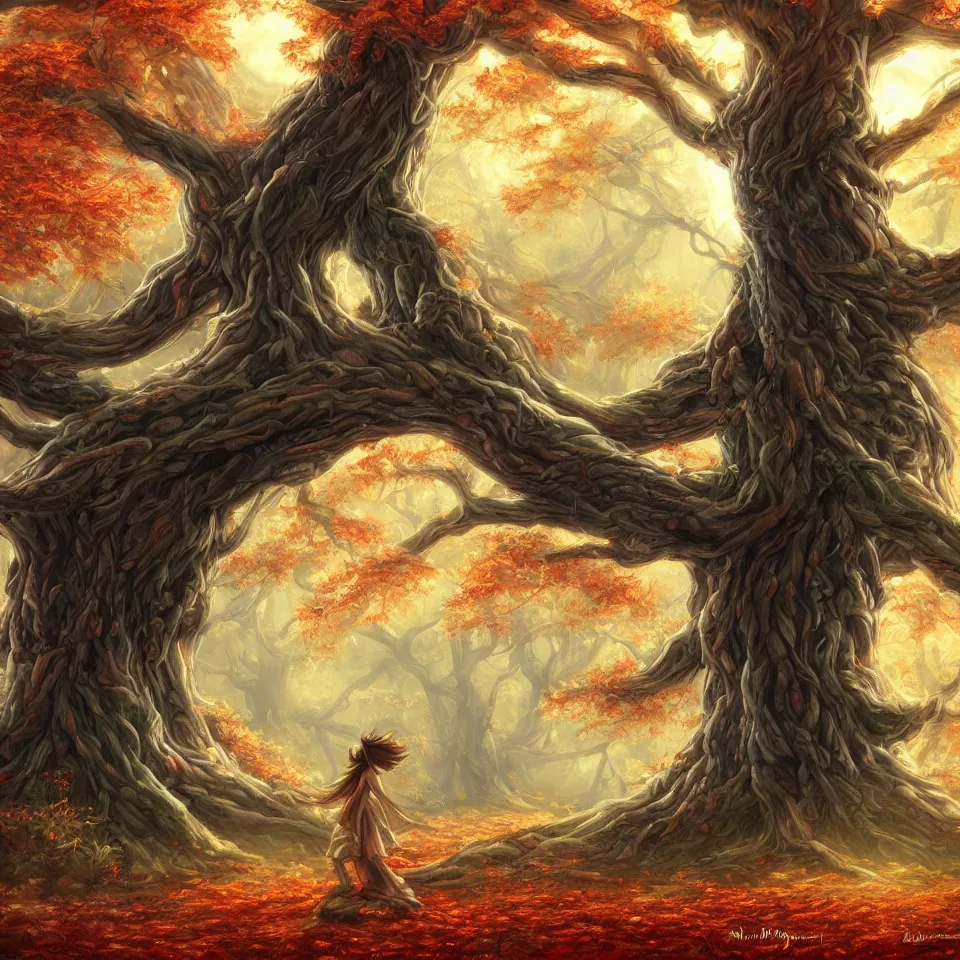 Image similar to giant tree,beautiful autumn spirit, digital art, concept art, fantasy art, highly detailed, HD wallpaper, artstation, Deviantart, abeyance