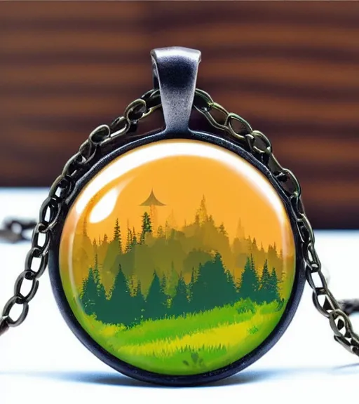 Prompt: : : verdant mountain from firewatch inside a perfectly circular clear glass terrarium pendant, there is mist inside the pendant, plain black background, gold details