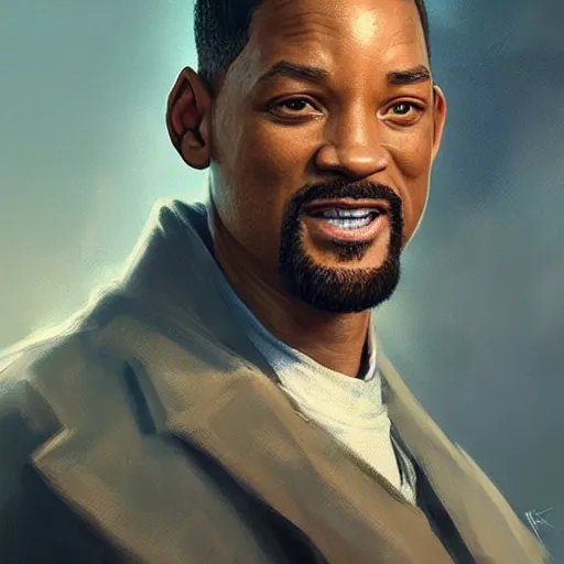 Image similar to “Portrait of Will Smith by Greg Rutkowski, young, manly, attractive, strong, older brother vibes, highly detailed portrait, scifi, digital painting, artstation, concept art, smooth, sharp foccus ilustration, Artstation HQ”