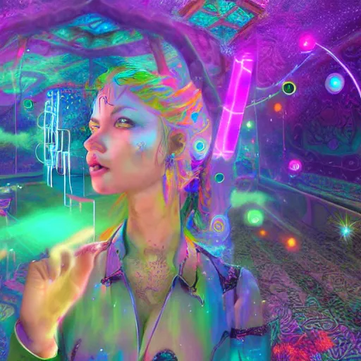 Image similar to Extreme long Shot of psychodelic Ellie in mysterious astral temple jumpin with pistol in river of chromatic SPIRITS , beautiful, dmt, trending on artstation, omnious, soft, hypermaximalistic, high details, cinematic, 8k resolution, artwork by Wong, Liam