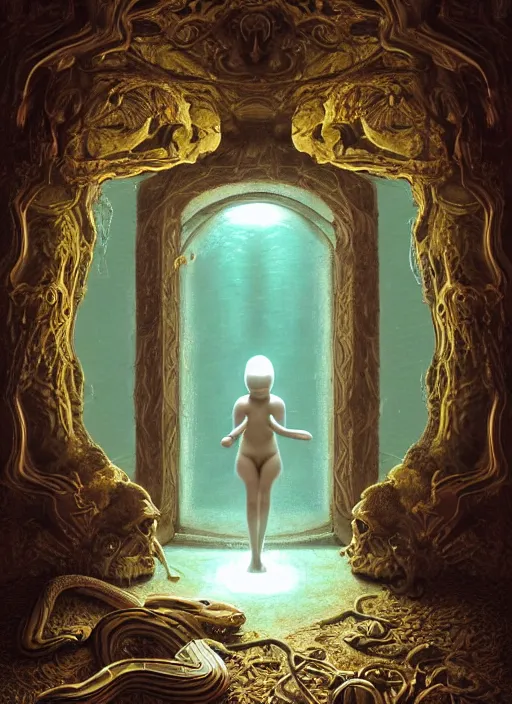 Image similar to hyperreal ultra detailed hypnagogic recollections from the waters of the unconscious. a 3 d psychopomp watching on. a child's face in the mirror, a doorway threshold, a snake, ismooth, sharp focus, global illumination, ornate, art by shaun tan, fenghua zhong and daniel merriam and dan mumford octane render