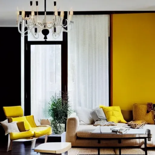 Prompt: Minimalistic Livingroom with a staircase, wooden floor, white L shaped couch, wooden coffee table, Big chandelier, Big Windows, Yellow Lights