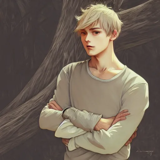 Image similar to young man with short, ash blond greyish hair, light brown eyes, casual clothes, relaxing, happy, path traced, highly detailed, high quality, digital painting, by studio ghibli and alphonse mucha, leesha hannigan, beautiful details, soft and warm