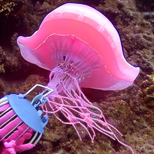 Image similar to pink jellyfish hits Bob with a metal sieve