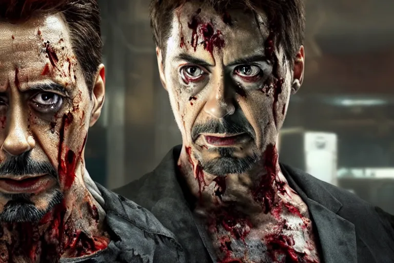 Image similar to film still of zombie zombie Tony Stark as a zombie in new avengers movie, 4k