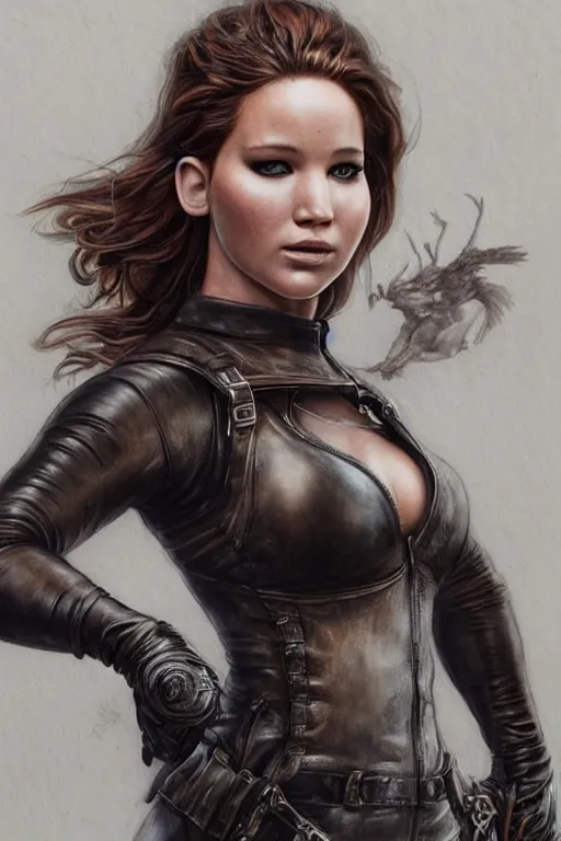 Prompt: muscled Jennifer Lawrence as a ruggedly handsome heroine , dressed in biker leather, intricate, elegant, highly detailed, centered, digital painting, artstation, concept art, smooth, sharp focus, illustration, art by artgerm and donato giancola and Joseph Christian Leyendecker, Ross Tran, WLOP