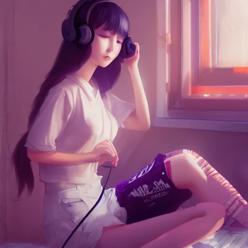 Image similar to lofi hiphop girl sitting in her room with headphones on by Wenqing Yan, WLOP, Zumidraws, OlchaS Logan cure, liang Xing ArtstationHD