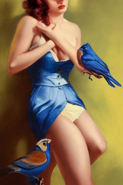 Image similar to hyper realistic painting, tasteful pinup girl holding an indigo bunting, bird, the bird is wearing a bowtie, by greg rutkowski, rossdraws, gil elvgren, enoch bolles, anime, porcelain glistening skin, very coherent