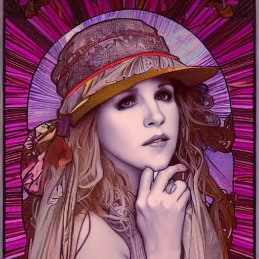 Prompt: beautiful lifelike award winning pencil illustration of stevie nicks trending on art station alphonse mucha cinematic atmospheric