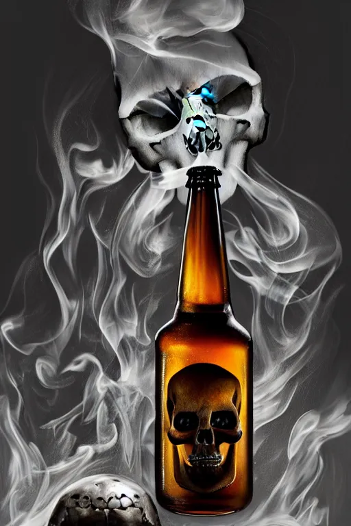 Image similar to beer bottle and a skull on the table, skull made out of smoke coming out of bottle, fantasy, intricate, elegant, highly detailed, digital painting, artstation, concept art, smooth, sharp focus, illustration, art by Ilja Repin