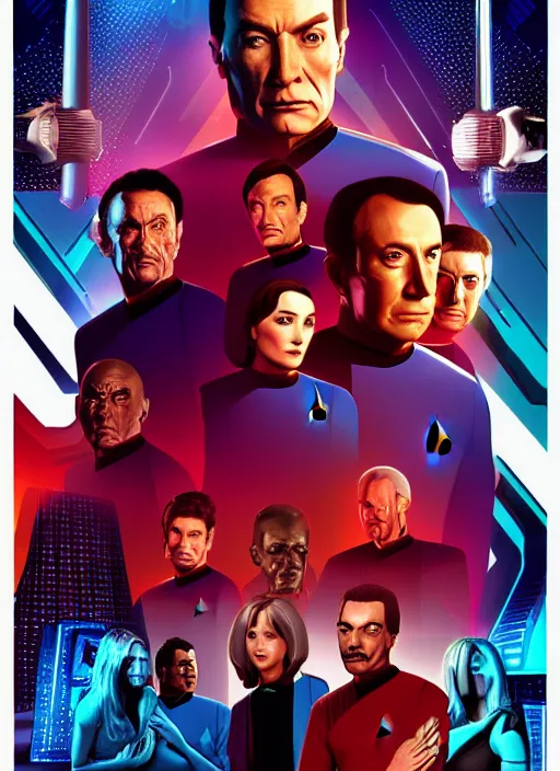 Image similar to Star Trek TNG crew portrait photo, Cyberpunk 2049, highly detailed, pop art poster, vector art, Unreal engine, Octane render, Weta digital, HDRP, RTX, volumetric lighting, poster artwork by Michael Whelan and Tomer Hanuka