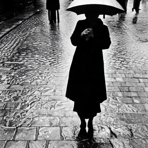 Image similar to fine art photograph of a woman waiting for the rain to stop, rainy flagstone cobblestone street, sharp focus photo by henri cartier - bresson