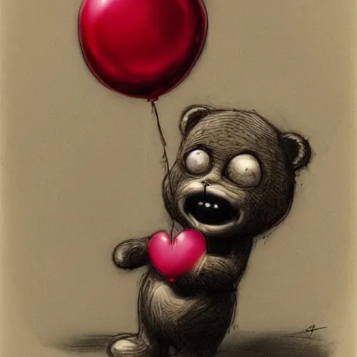 Prompt: surrealism grunge cartoon sketch of a teddy bear with a wide smile holding a red balloon by - michael karcz, loony toons style, horror theme, detailed, elegant, intricate