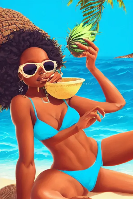Image similar to a highly detailed beautiful portrait of Black women in the Caribbean wearing aquamarine bikini and shades, full glossy lips, drinking out of a coconut highly detailed, behance hd by Jesper Ejsing, by RHADS, Makoto Shinkaih and Lois van baarle, ilya kuvshinov, rossdraws global illumination, cinematic , hyper-reslistic, depth of field, coherent, high definition, 8k resolution octane renderer, artstation