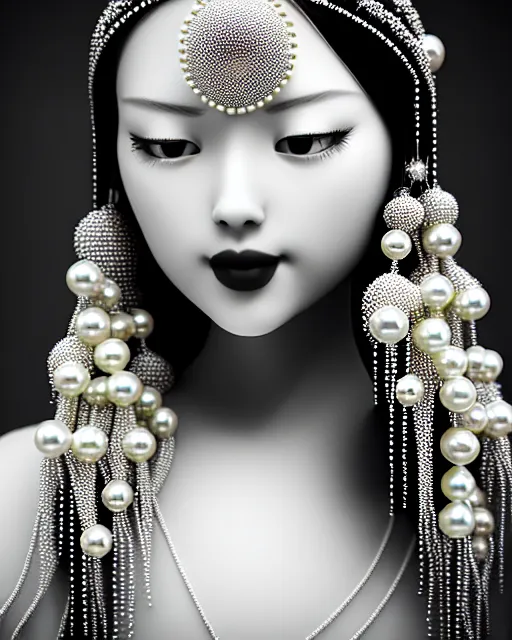 Image similar to black and white dreamy young beautiful female artificial intelligence, realistic pearl ornament in the face, long hair are intricate with highly detailed realistic pearls, cinematic, rim light, bokeh, photo - realistic, elegant, high detail, 8 k, masterpiece, photo taken in 1 9 3 0