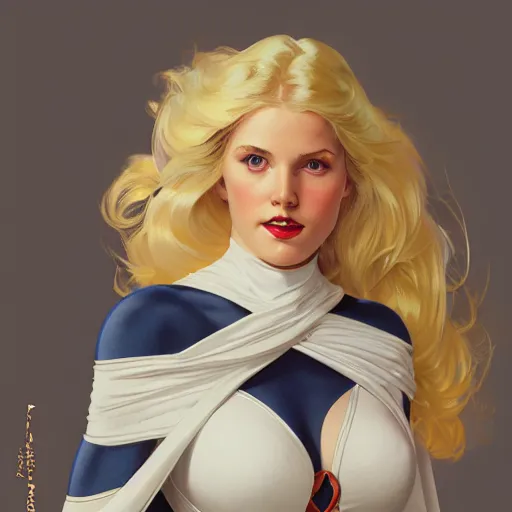 Image similar to a beautiful pin - up of a beautiful cute superhero woman, blonde hair, tight matte navy - blue bodysuit, white cape, intricate, elegant, 8 k, highly detailed, digital painting, concept art, smooth, sharp focus, illustration, by artgerm greg rutkowski alphonse mucha loish wlop