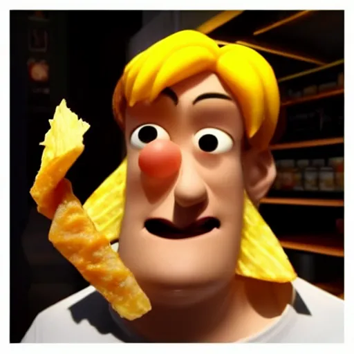 Image similar to photo of [ a single salted french fry chip ] shaped like that looks like stephen fry as a pixar character hybrid intercross mix cinematic lighting