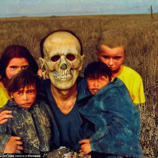 Image similar to selfie of the last surviving ukrainian with children with evil faces, wild pain and damage to the body burns alive to the bone, painted in dirty yellow - blue colors, a huge nuclear explosion is approaching in the background, corpses and skeletons are everywhere, the earth is on fire, smoke and radioactive rain