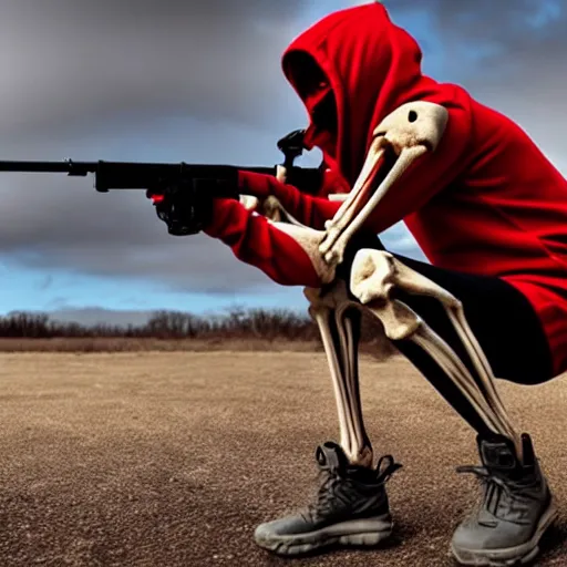 Image similar to a skeleton in a red hoodie with a rifle