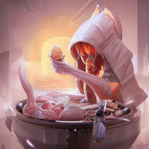 Image similar to white anthropomorphic female vulpes vulpes fulva, eating ramen from a bowl, in the rain by a noodle kiosk, in crowded and wet street of a city, cyberpunk, harsh neon lights, highly detailed, digital painting, trending on artstation, concept art, sharp focus, illustration, art by artgerm and greg rutkowski and magali villeneuve