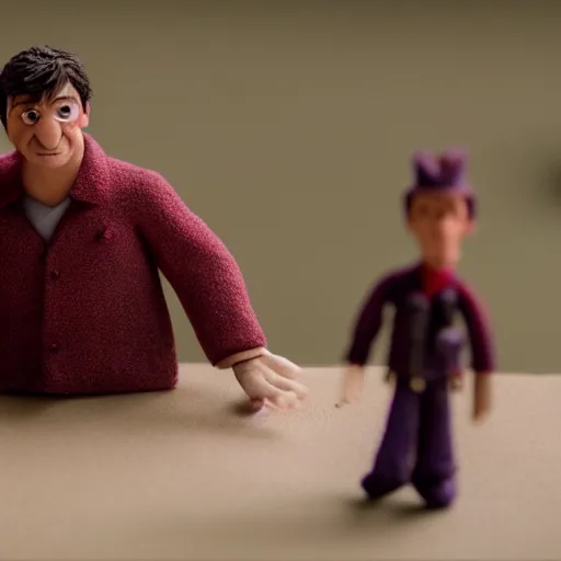 Image similar to a cinematic film still of a claymation stop motion film starring nathan fillion, shallow depth of field, 8 0 mm, f 1. 8