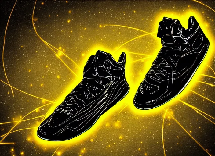 Image similar to glowing black basketball sneaker, wth short golden lines, yellow details, symmetrical, highly detailed, digital art, sharp focus, trending on art station, samurai, electricity superpowers, anime art style