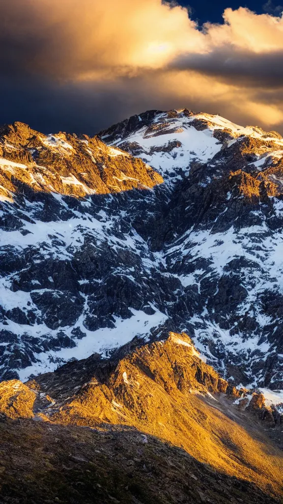 Prompt: a beautiful mountain landscape, dramatic clouds, soft golden light, long exposure, highly detailed, award winning photography by carr clifton, highly realistic