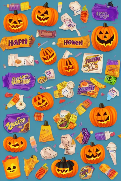 Image similar to collection of halloween food and candies, sticker, andromorphic, colorful, illustration, highly detailed, simple, smooth and clean vector curves, no jagged lines, vector art, smooth