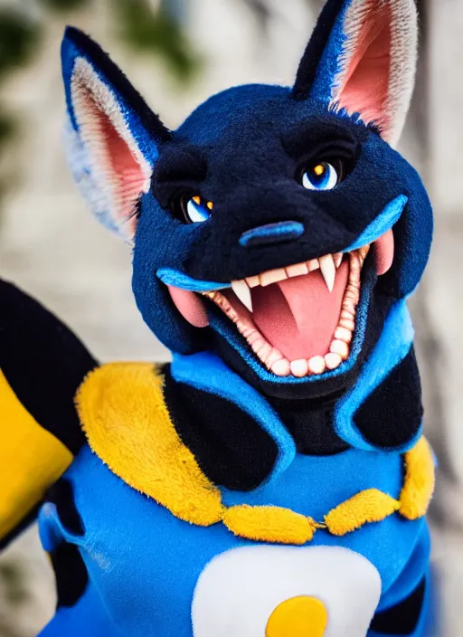 Image similar to portrait photo still of real life pokemon character lucario, 8 k, 8 5 mm f 1. 8