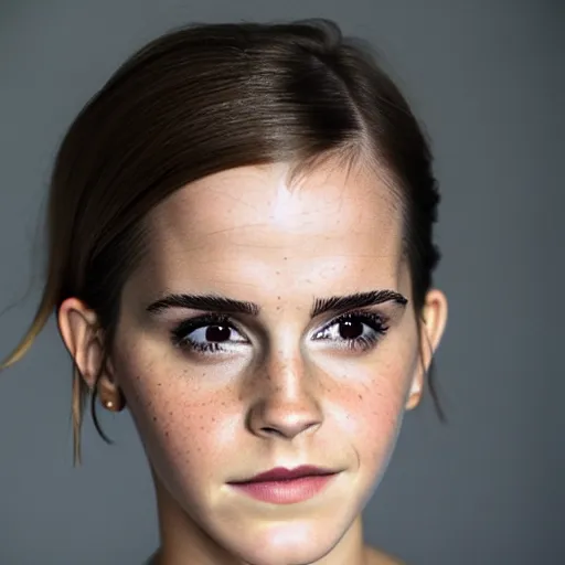 Image similar to portrait photograph of emma watson but her skin looks like avocado skin